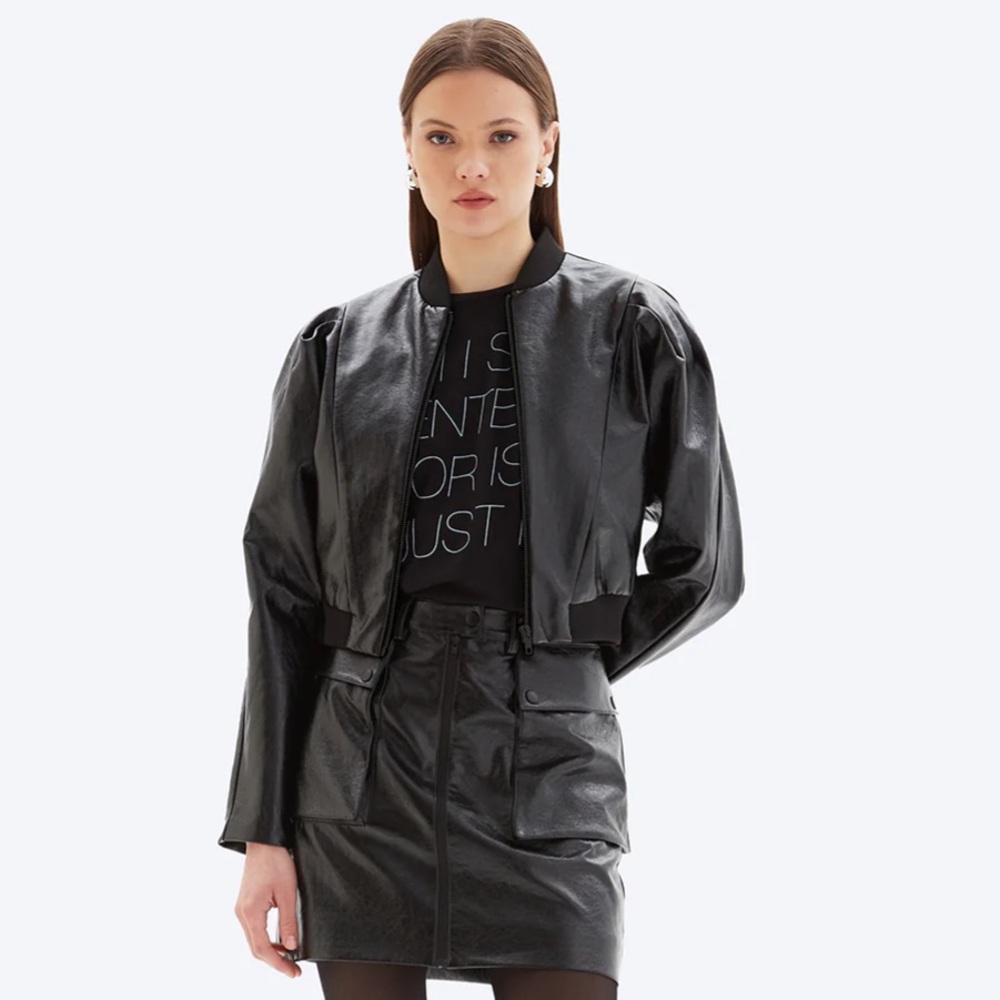 CHRLDR Cheerleader NINA - Puffy Sleeve Bomber Jacket Faux Leather Sz Small NEW❤️